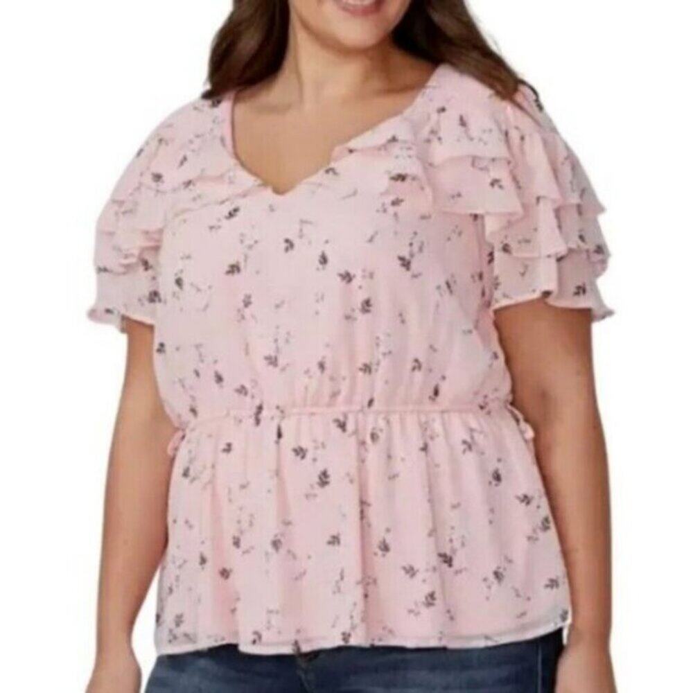 Lane Bryant Peach/Pink Floral Ruffle V-Neck Ruffle Sleeve Peplum Top Sz. 18 EUC